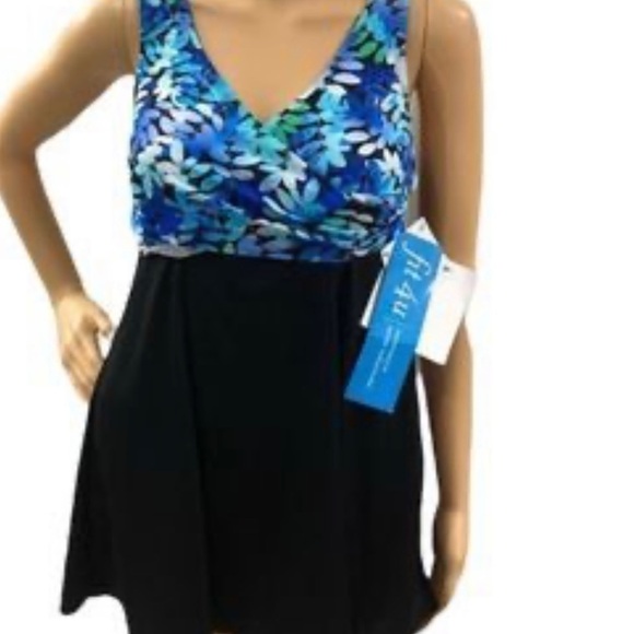 NWT Fit 4u Black Floral One-Piece Swimsuit with Skirt 6 - Picture 2 of 3